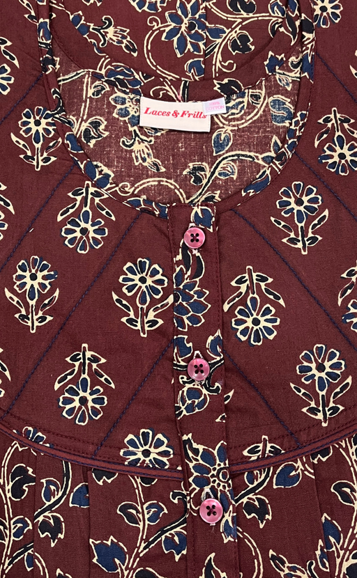 Dark Brown Floral Pure Cotton Nighty. Pure Durable Cotton | Laces and Frills