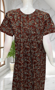 Dark Brown Floral Pure Cotton Nighty. Pure Durable Cotton | Laces and Frills