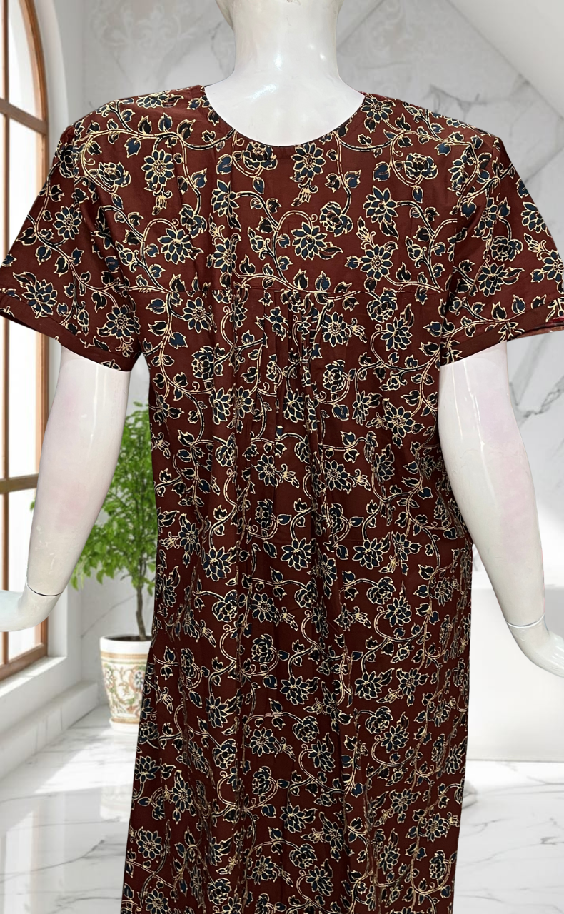 Dark Brown Floral Pure Cotton Nighty. Pure Durable Cotton | Laces and Frills