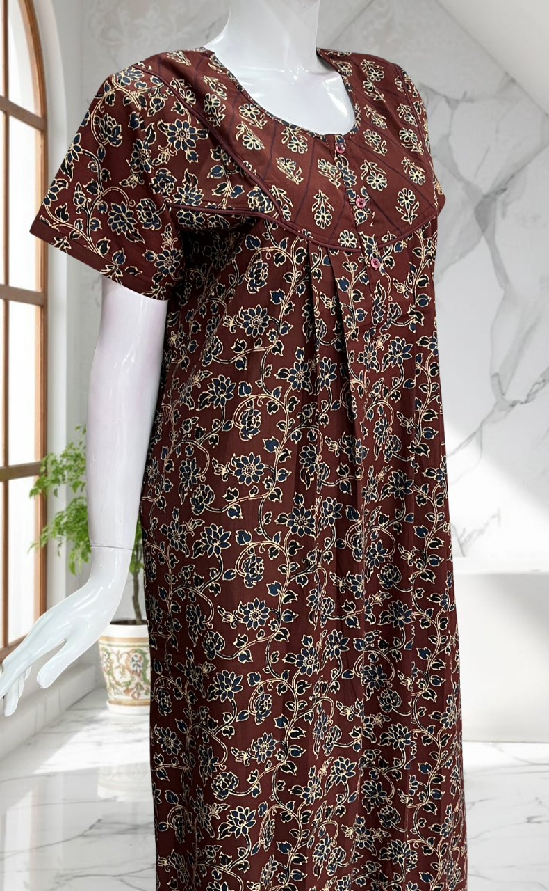 Dark Brown Floral Pure Cotton Nighty. Pure Durable Cotton | Laces and Frills