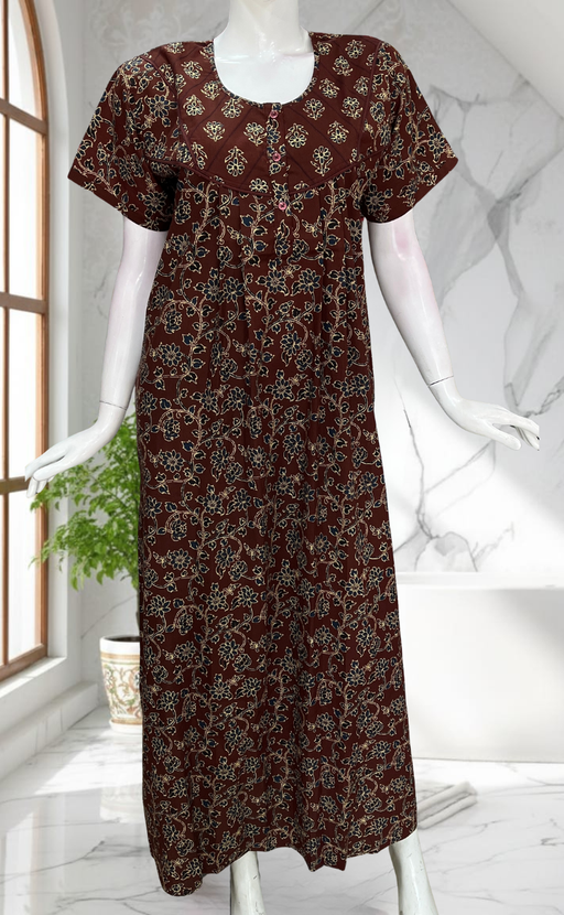 Dark Brown Floral Pure Cotton Nighty. Pure Durable Cotton | Laces and Frills