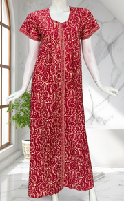 Red Floral Full Open Pure Cotton Nighty. Pure Cotton | Laces and Frills