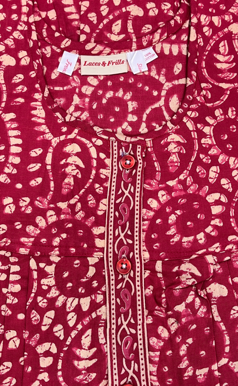 Red Floral Full Open Pure Cotton Nighty. Pure Cotton | Laces and Frills