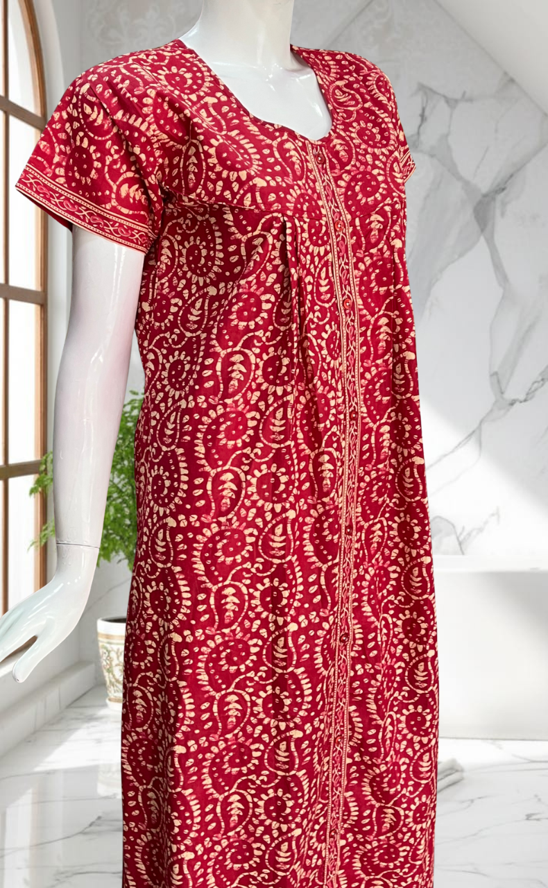 Red Floral Full Open Pure Cotton Nighty. Pure Cotton | Laces and Frills