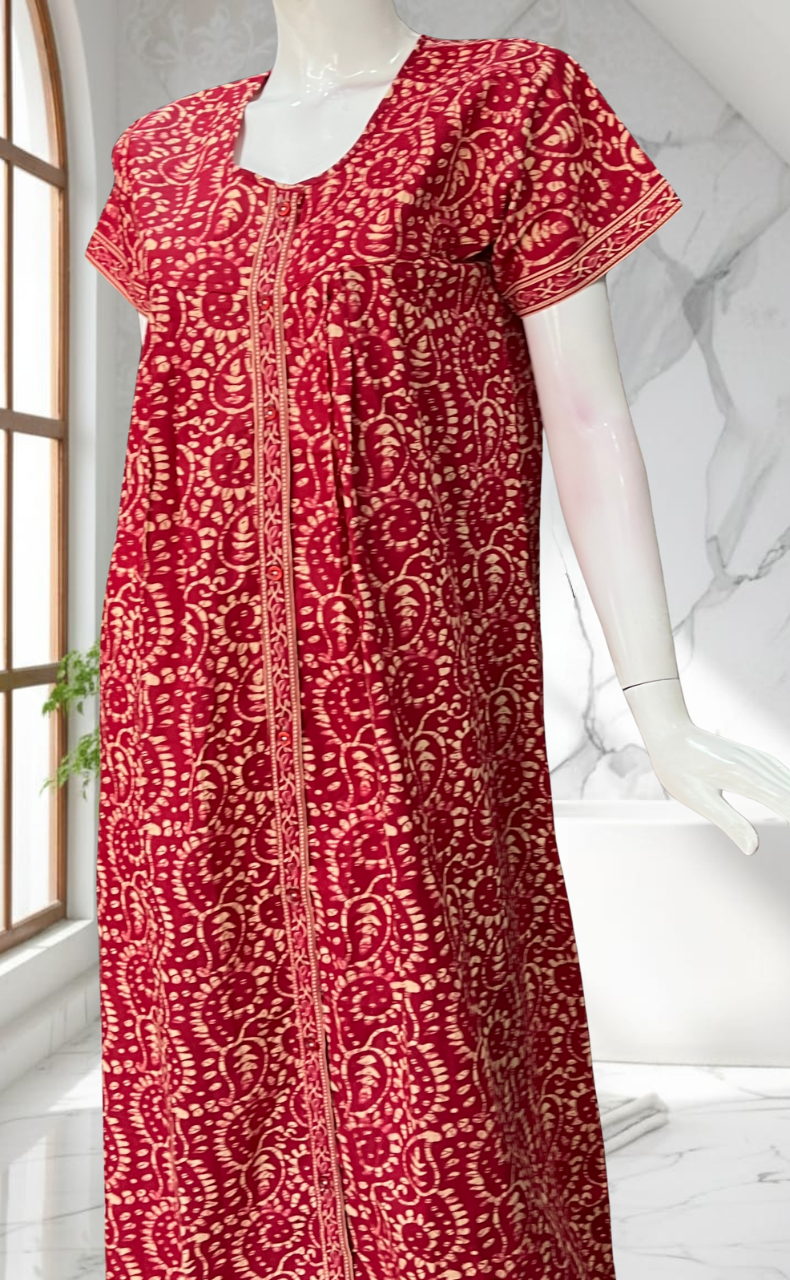 Red Floral Full Open Pure Cotton Nighty. Pure Cotton | Laces and Frills
