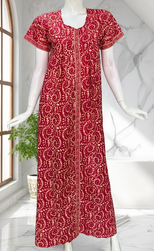 Red Floral Full Open Pure Cotton Nighty. Pure Cotton | Laces and Frills