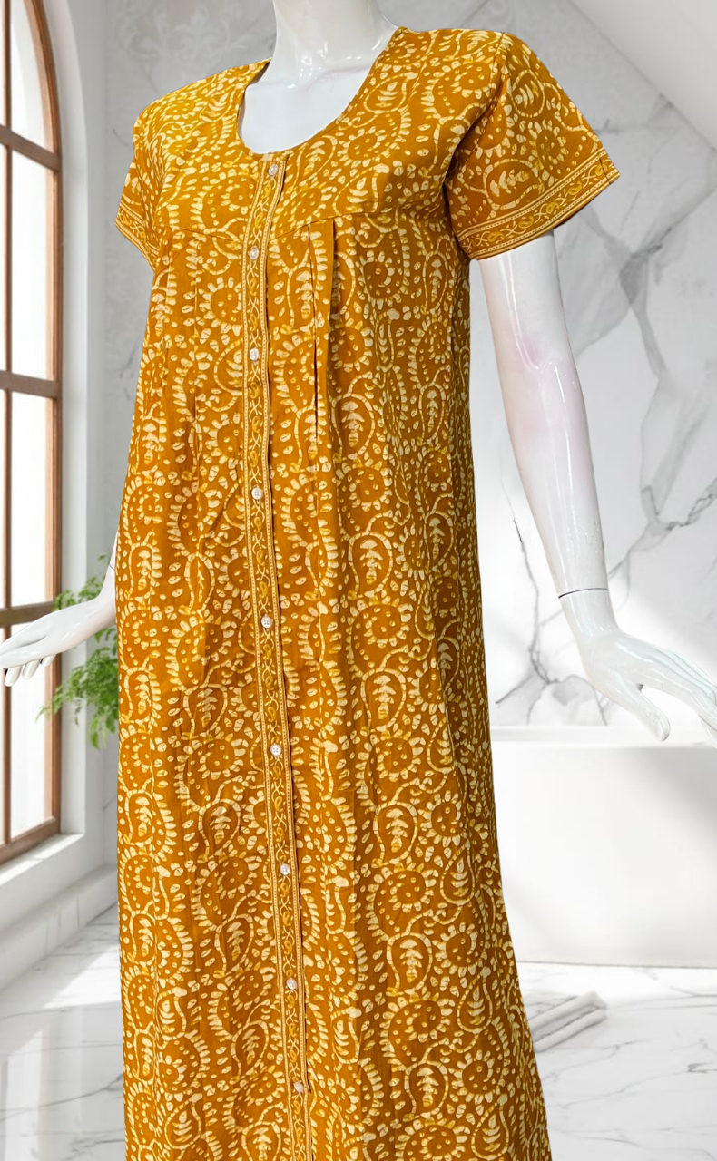 Yellow Floral Full Open Pure Cotton Nighty. Pure Cotton | Laces and Frills