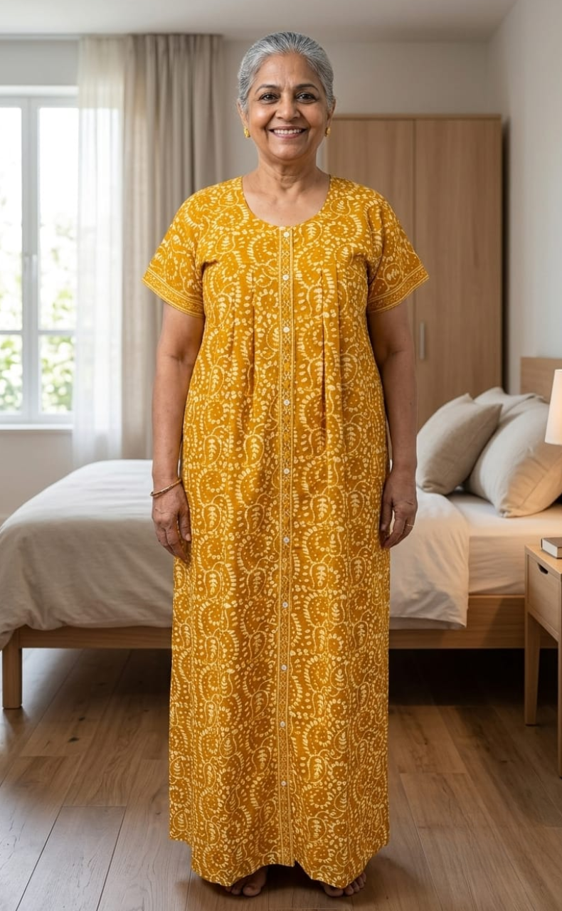 Yellow Floral Full Open Pure Cotton Nighty. Pure Cotton | Laces and Frills
