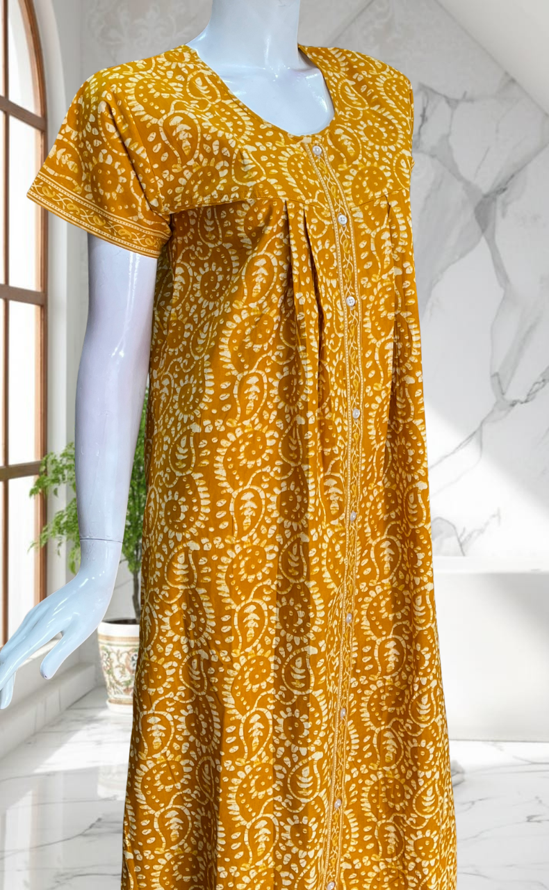 Yellow Floral Full Open Pure Cotton Nighty. Pure Cotton | Laces and Frills