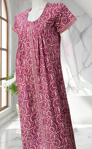 Purple Floral Full Open Pure Cotton Nighty. Pure Cotton | Laces and Frills