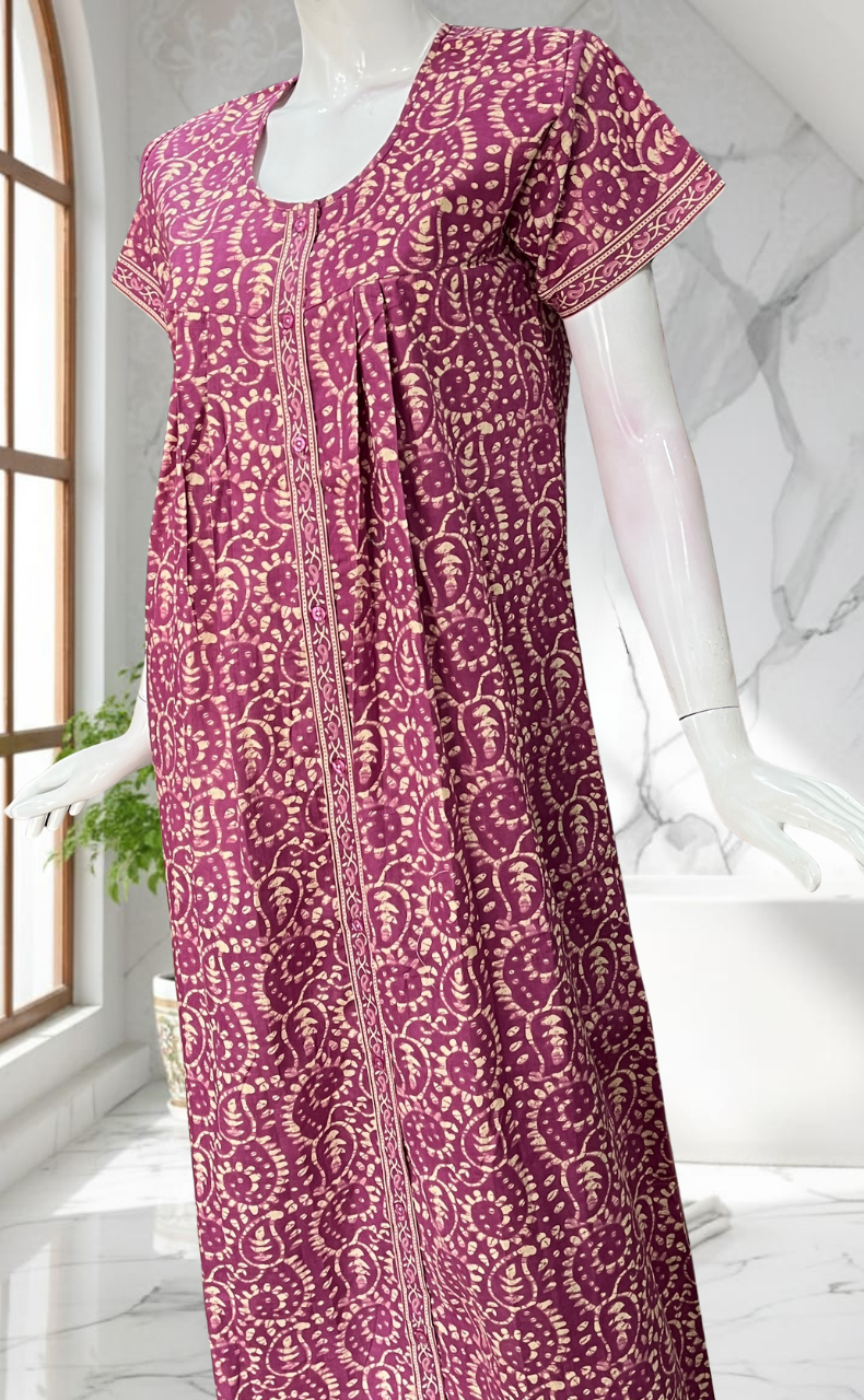 Purple Floral Full Open Pure Cotton Nighty. Pure Cotton | Laces and Frills