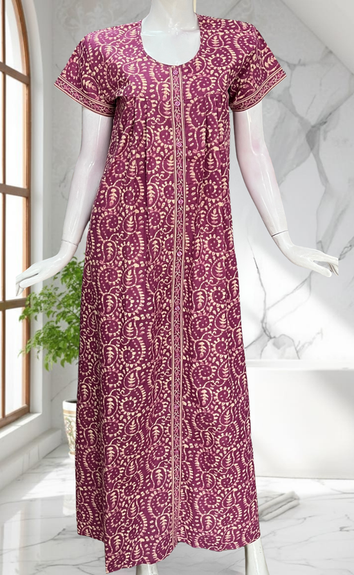 Purple Floral Full Open Pure Cotton Nighty. Pure Cotton | Laces and Frills