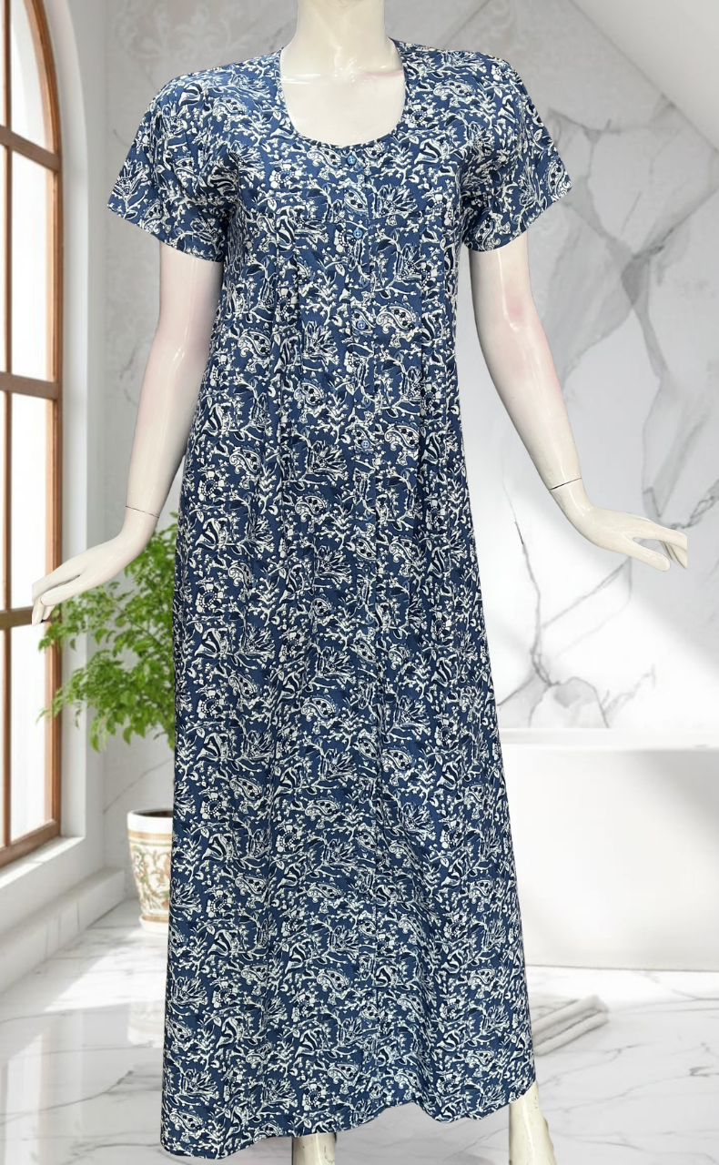 Blue Floral Full Open Pure Cotton Nighty. Pure Cotton | Laces and Frills