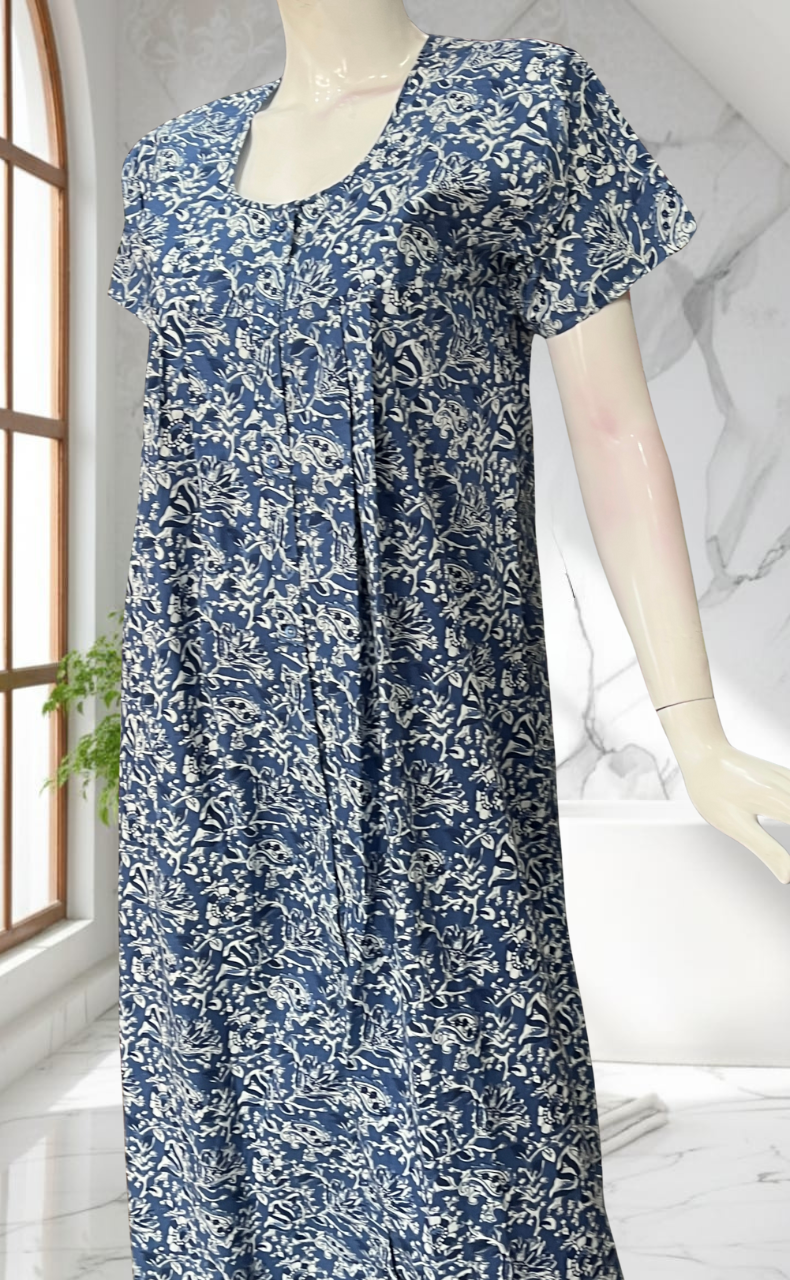 Blue Floral Full Open Pure Cotton Nighty. Pure Cotton | Laces and Frills