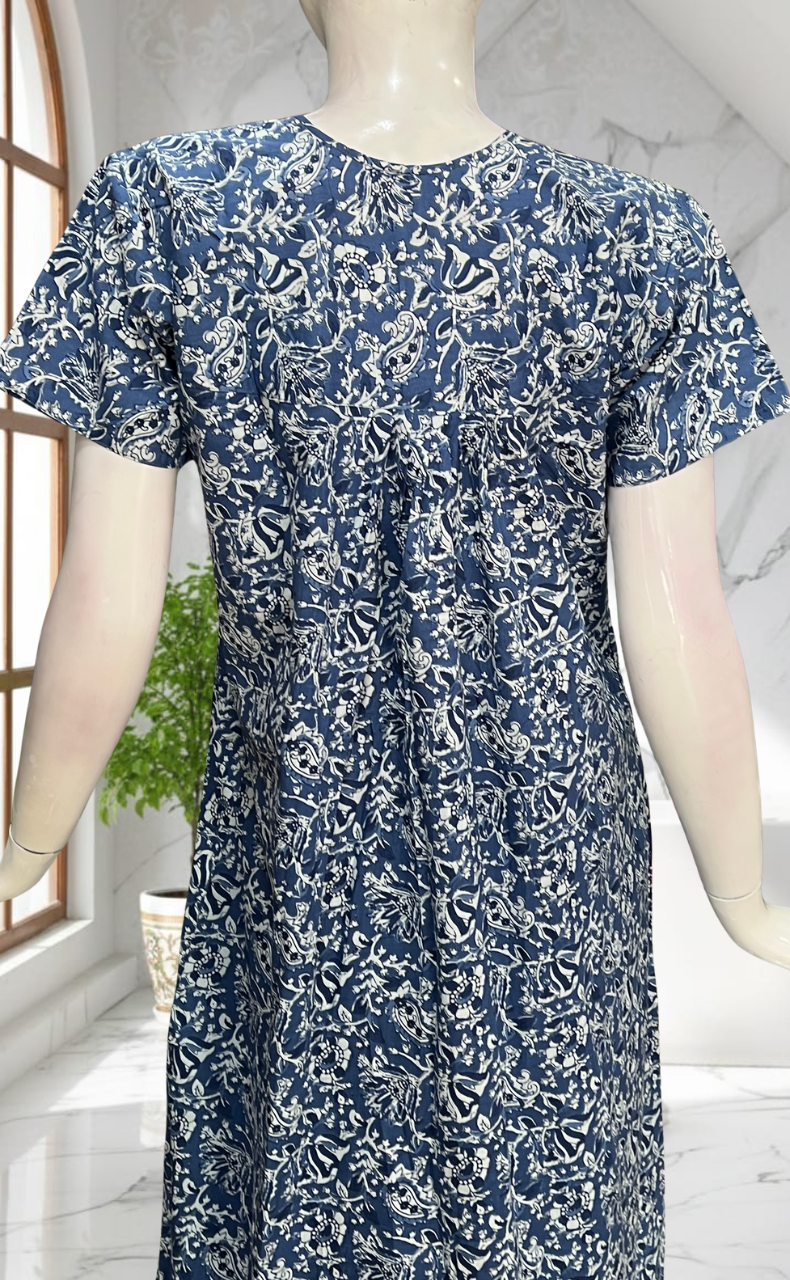 Blue Floral Full Open Pure Cotton Nighty. Pure Cotton | Laces and Frills