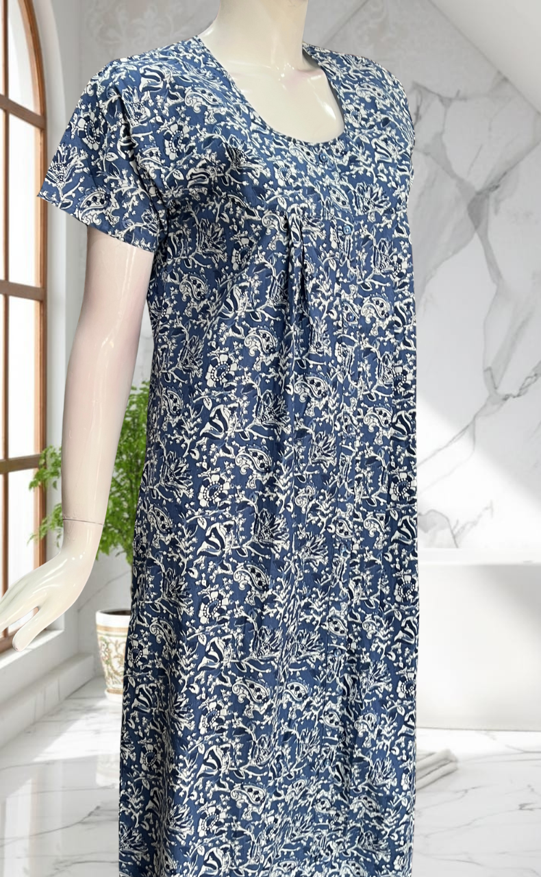 Blue Floral Full Open Pure Cotton Nighty. Pure Cotton | Laces and Frills