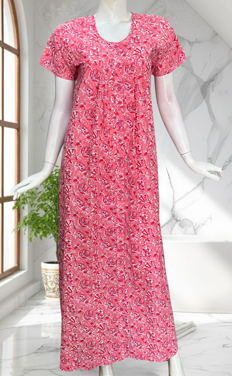 Peach/Pink Floral Full Open Pure Cotton Nighty. Pure Cotton | Laces and Frills