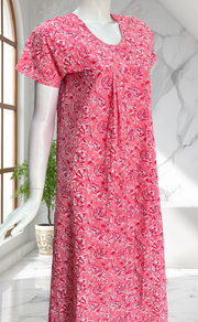 Peach/Pink Floral Full Open Pure Cotton Nighty. Pure Cotton | Laces and Frills