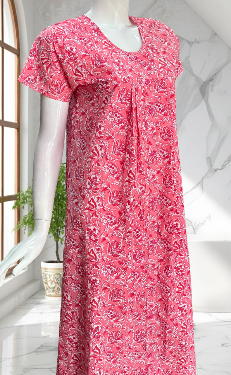 Peach/Pink Floral Full Open Pure Cotton Nighty. Pure Cotton | Laces and Frills
