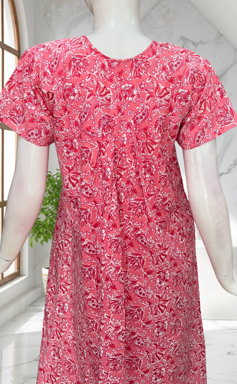 Peach/Pink Floral Full Open Pure Cotton Nighty. Pure Cotton | Laces and Frills