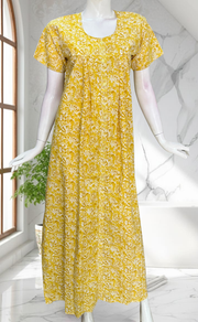 Yellow Floral Full Open Pure Cotton Nighty. Pure Cotton | Laces and Frills