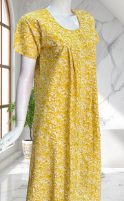 Yellow Floral Full Open Pure Cotton Nighty. Pure Cotton | Laces and Frills