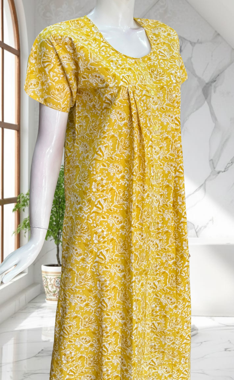 Yellow Floral Full Open Pure Cotton Nighty. Pure Cotton | Laces and Frills