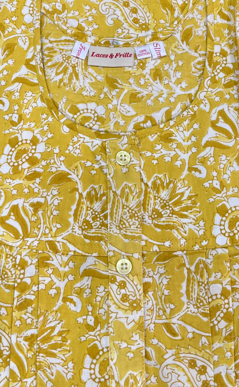 Yellow Floral Full Open Pure Cotton Nighty. Pure Cotton | Laces and Frills