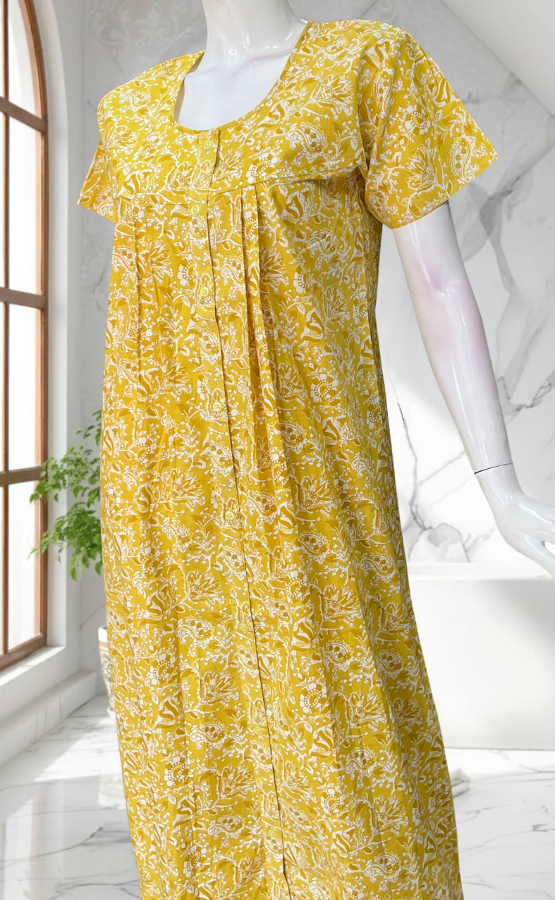 Yellow Floral Full Open Pure Cotton Nighty. Pure Cotton | Laces and Frills