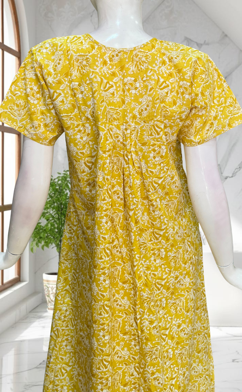 Yellow Floral Full Open Pure Cotton Nighty. Pure Cotton | Laces and Frills