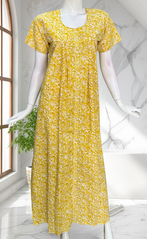 Yellow Floral Full Open Pure Cotton Nighty. Pure Cotton | Laces and Frills