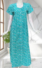 Sea Green Floral Full Open Pure Cotton Nighty. Pure Cotton | Laces and Frills