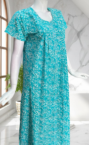 Sea Green Floral Full Open Pure Cotton Nighty. Pure Cotton | Laces and Frills