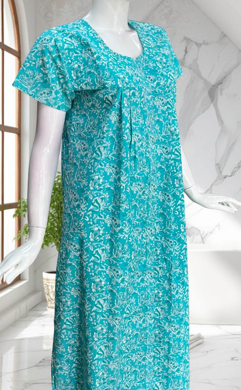Sea Green Floral Full Open Pure Cotton Nighty. Pure Cotton | Laces and Frills
