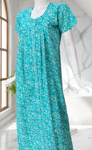 Sea Green Floral Full Open Pure Cotton Nighty. Pure Cotton | Laces and Frills