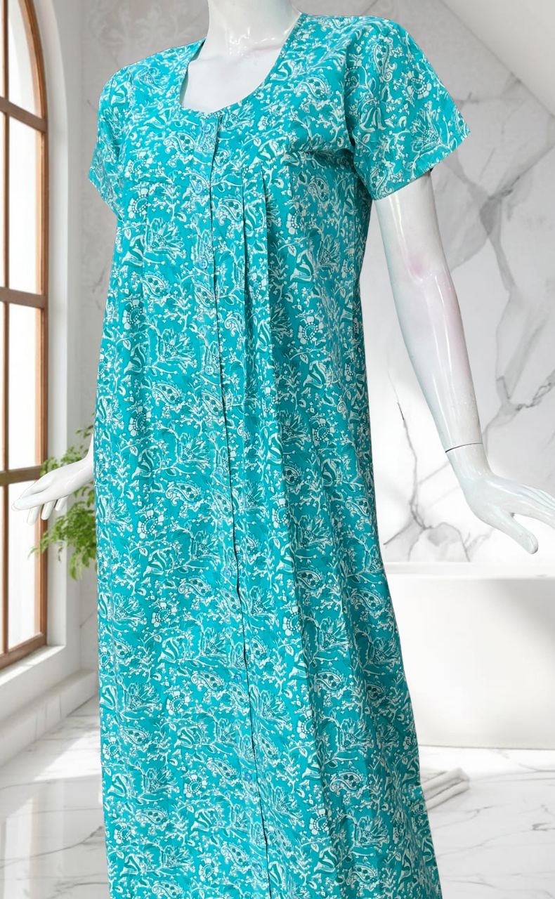 Sea Green Floral Full Open Pure Cotton Nighty. Pure Cotton | Laces and Frills