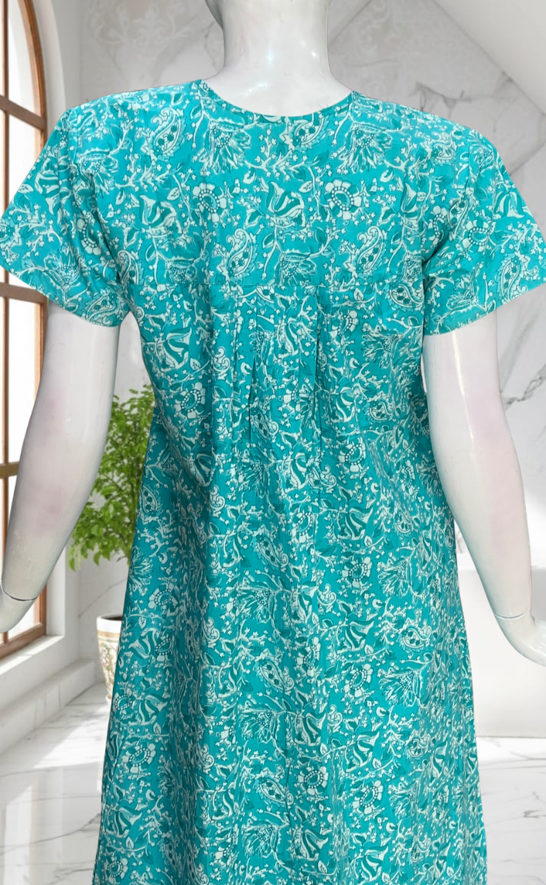 Sea Green Floral Full Open Pure Cotton Nighty. Pure Cotton | Laces and Frills
