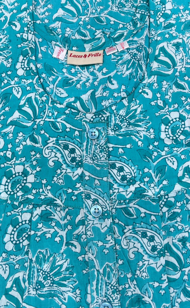 Sea Green Floral Full Open Pure Cotton Nighty. Pure Cotton | Laces and Frills