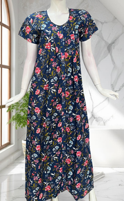 Navy Blue Floral Full Open Pure Cotton Nighty. Pure Cotton | Laces and Frills