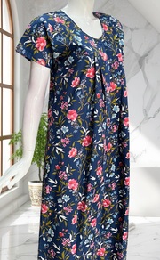 Navy Blue Floral Full Open Pure Cotton Nighty. Pure Cotton | Laces and Frills