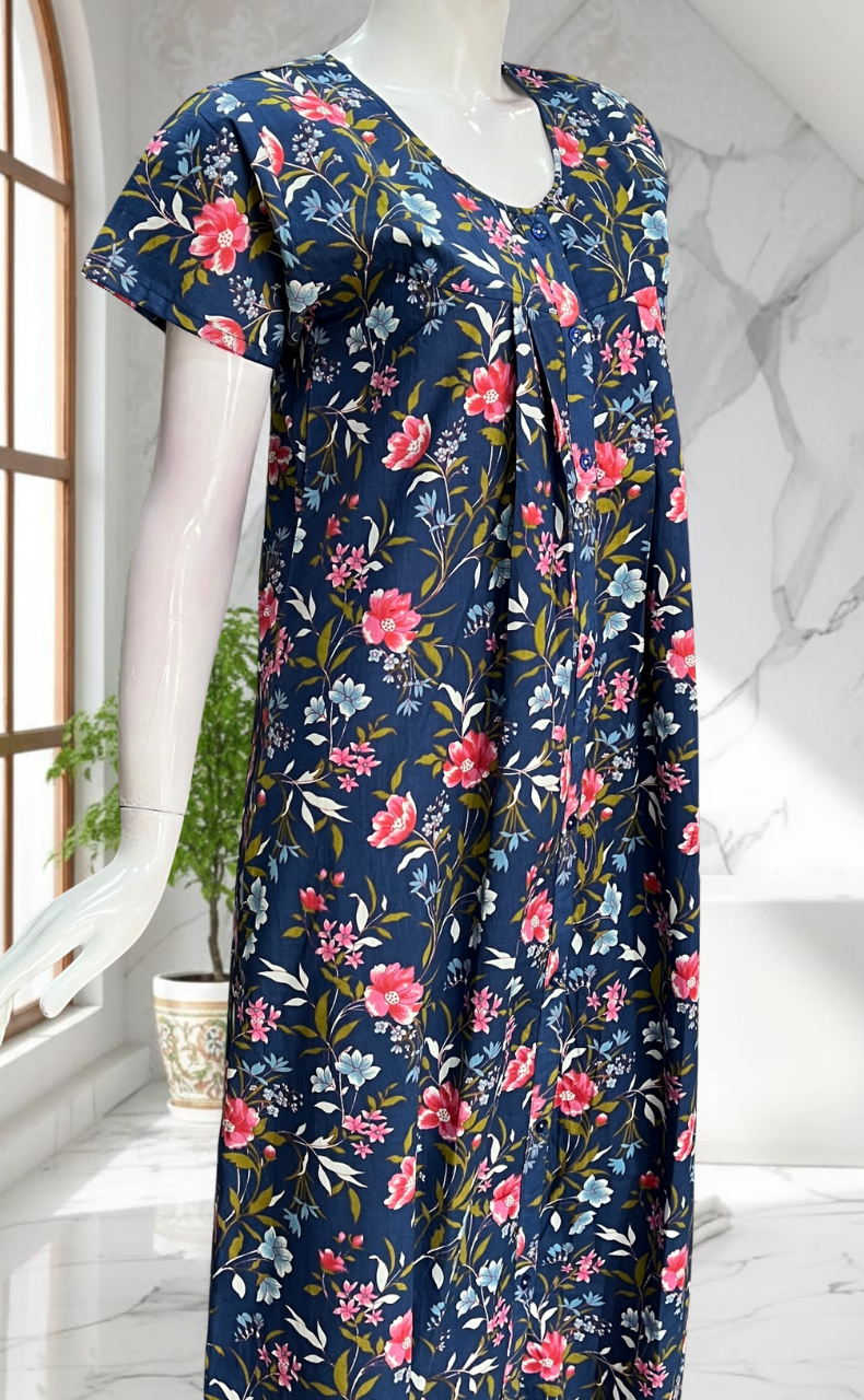Navy Blue Floral Full Open Pure Cotton Nighty. Pure Cotton | Laces and Frills