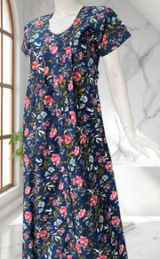 Navy Blue Floral Full Open Pure Cotton Nighty. Pure Cotton | Laces and Frills