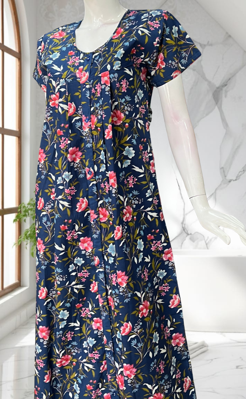 Navy Blue Floral Full Open Pure Cotton Nighty. Pure Cotton | Laces and Frills