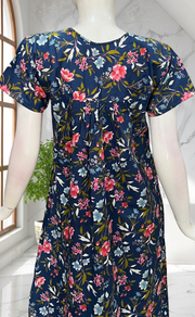 Navy Blue Floral Full Open Pure Cotton Nighty. Pure Cotton | Laces and Frills