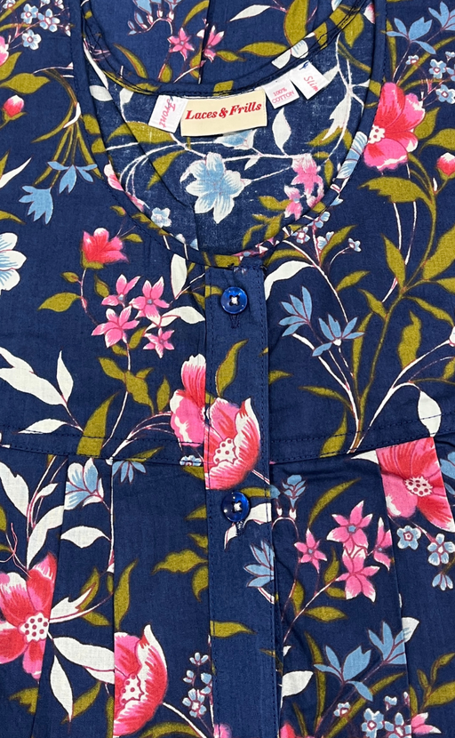 Navy Blue Floral Full Open Pure Cotton Nighty. Pure Cotton | Laces and Frills