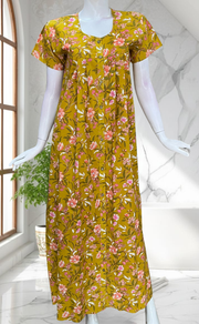 Yellow Floral Full Open Pure Cotton Nighty. Pure Cotton | Laces and Frills