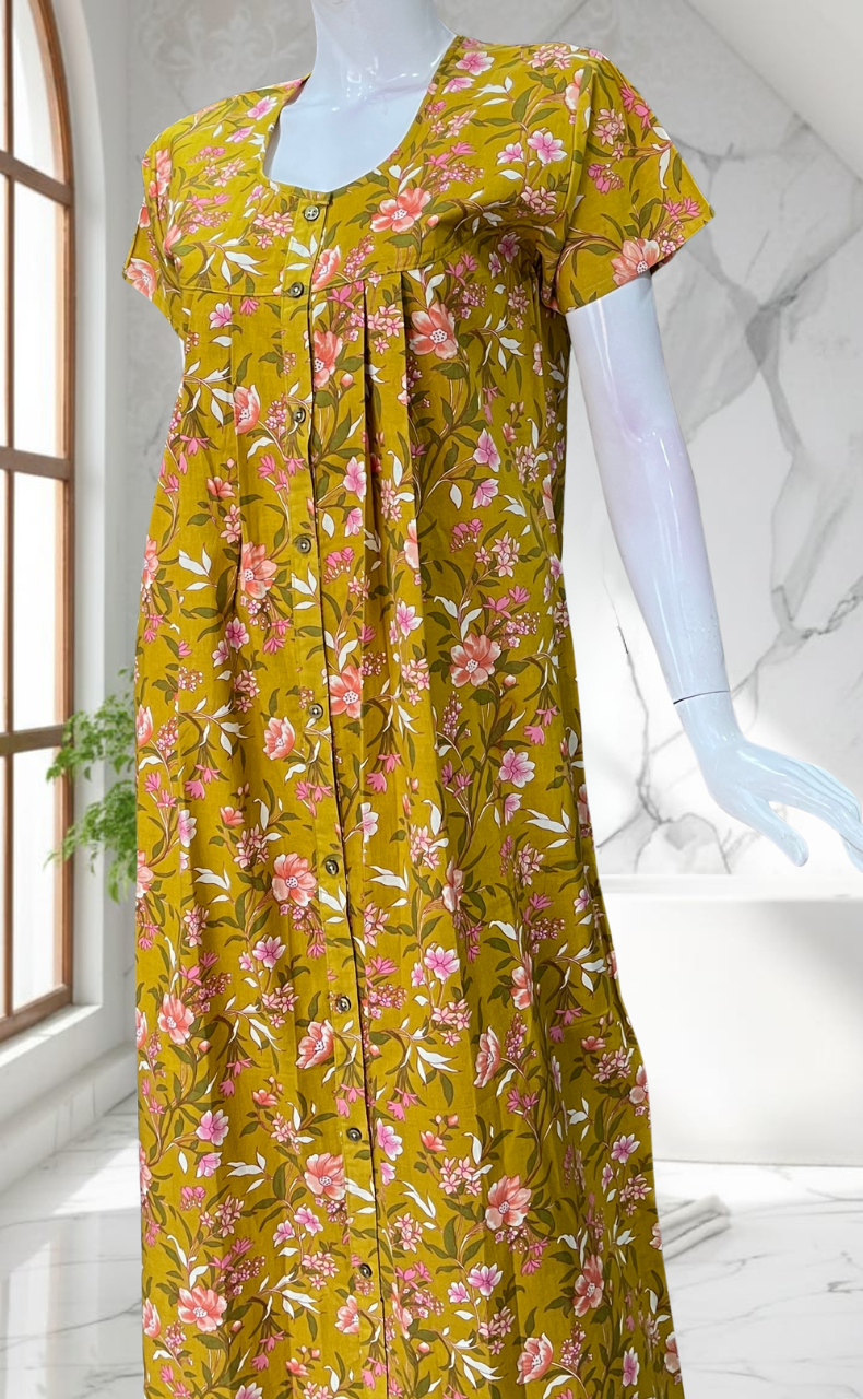 Yellow Floral Full Open Pure Cotton Nighty. Pure Cotton | Laces and Frills