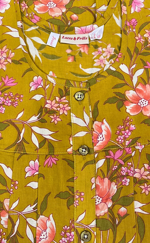 Yellow Floral Full Open Pure Cotton Nighty. Pure Cotton | Laces and Frills