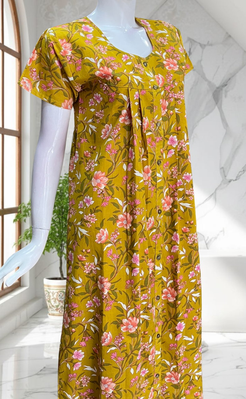 Yellow Floral Full Open Pure Cotton Nighty. Pure Cotton | Laces and Frills