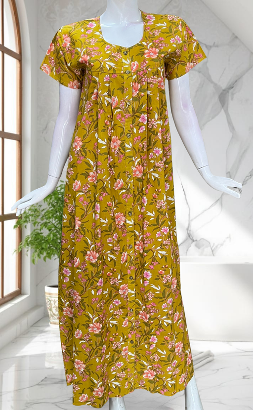 Yellow Floral Full Open Pure Cotton Nighty. Pure Cotton | Laces and Frills